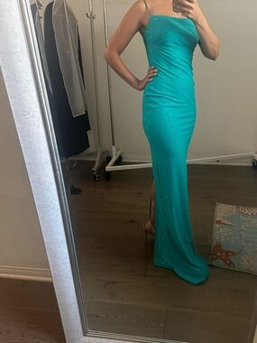 Spaghetti Strap Teal Evening Gown